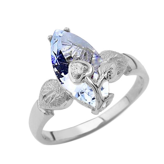 Personalized (LC) Birthstone Marquise Flower Heart Ring In 14K White Gold