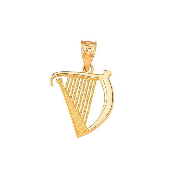Textured Irish Harp Pendant Necklace in Gold (Yellow/ Rose/White)