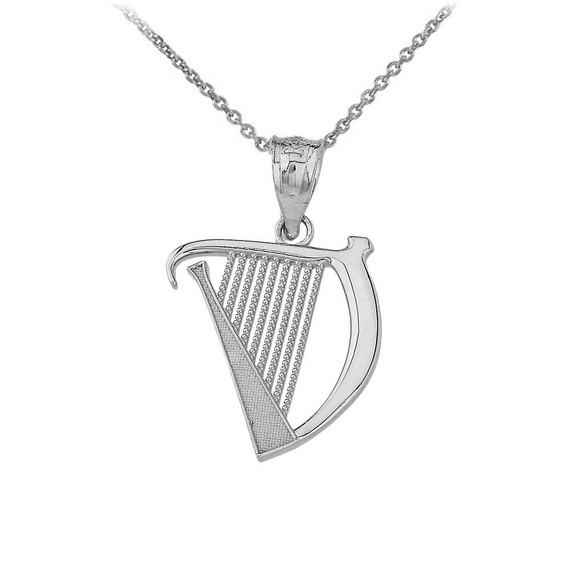 Textured Irish Harp Pendant Necklace in Sterling Silver