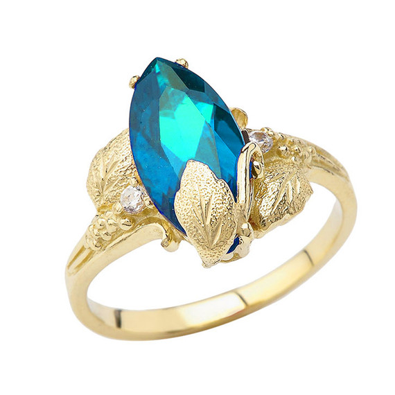 Dainty Personalized (LC) Birthstone Marquise Leaf Ring In 10K Yellow Gold
