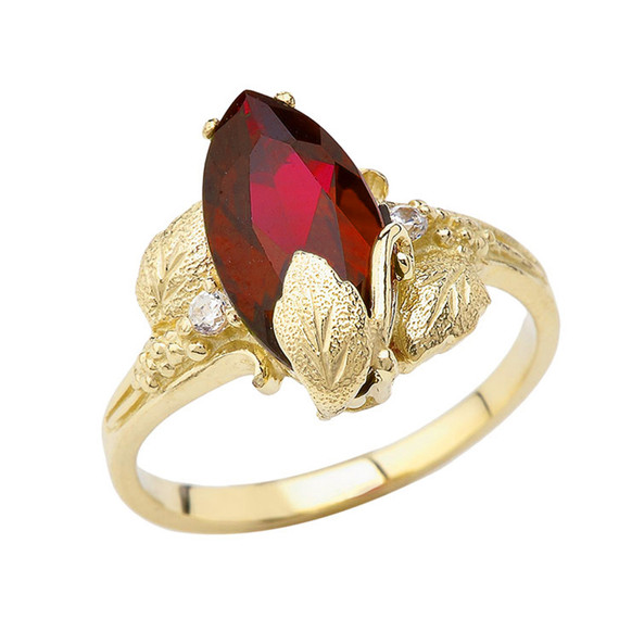 Dainty Personalized (LC) Birthstone Marquise Leaf Ring In 10K Yellow Gold