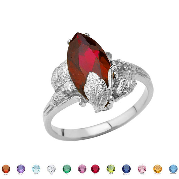 Personalized (LC) Birthstone Marquise Leaf Ring In 10K White Gold