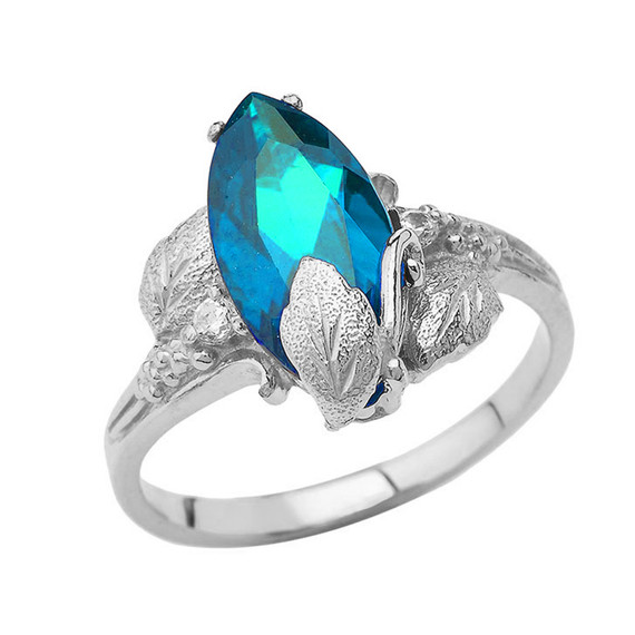 Personalized (LC) Birthstone Marquise Leaf Ring In 14K White Gold