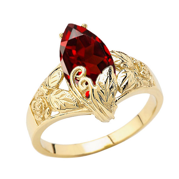 Filigree Floral Personalized (LC) Birthstone Marquise Ring In 10K Yellow Gold