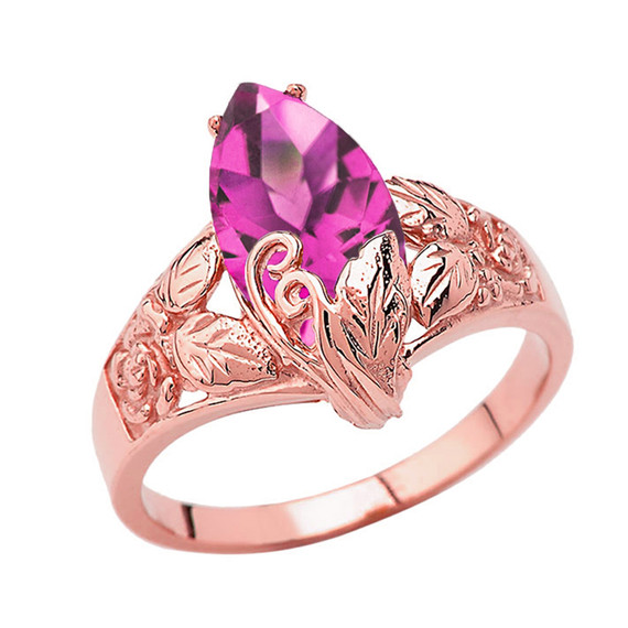 Filigree Floral Personalized (LC) Birthstone Marquise Ring In 10K Rose Gold