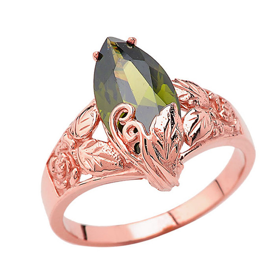 Filigree Floral Personalized (LC) Birthstone Marquise Ring In 10K Rose Gold