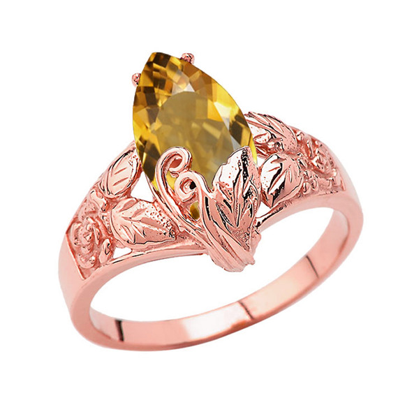 Filigree Floral Personalized (LC) Birthstone Marquise Ring In 10K Rose Gold