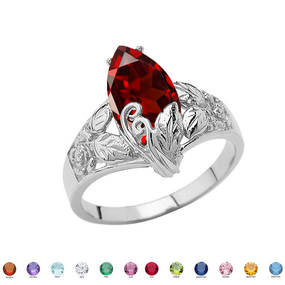 Filigree Floral Personalized (LC) Birthstone Marquise Ring In 10K White Gold