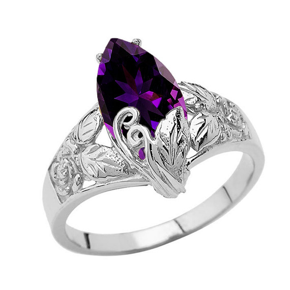 Filigree Floral Personalized (LC) Birthstone Marquise Ring In 10K White Gold