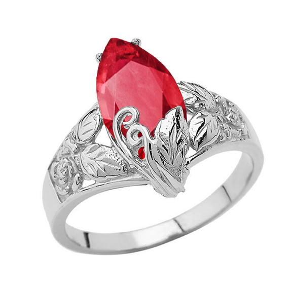 Filigree Floral Personalized (LC) Birthstone Marquise Ring In 14K White Gold