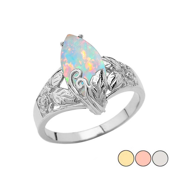 Filigree Floral Simulated Opal Marquise Ring In Gold (Yellow/Rose/White)