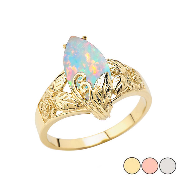 Filigree Floral Simulated Opal Marquise Ring In Gold (Yellow/Rose/White)