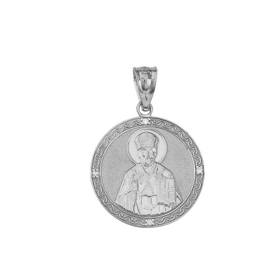 Saint Nicholas Pray for Us  Circle Medallion Diamond Pendant Necklace in Gold (Yellow/ Rose/White)