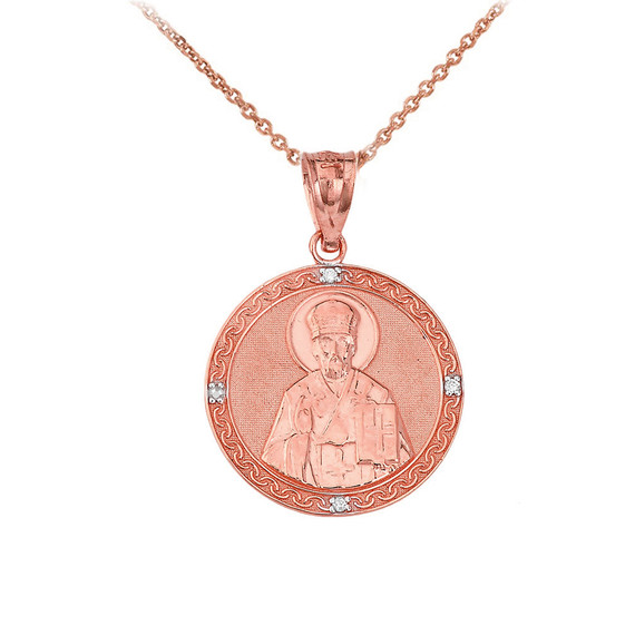 Saint Nicholas Pray for Us  Circle Medallion Diamond Pendant Necklace in Gold (Yellow/ Rose/White)