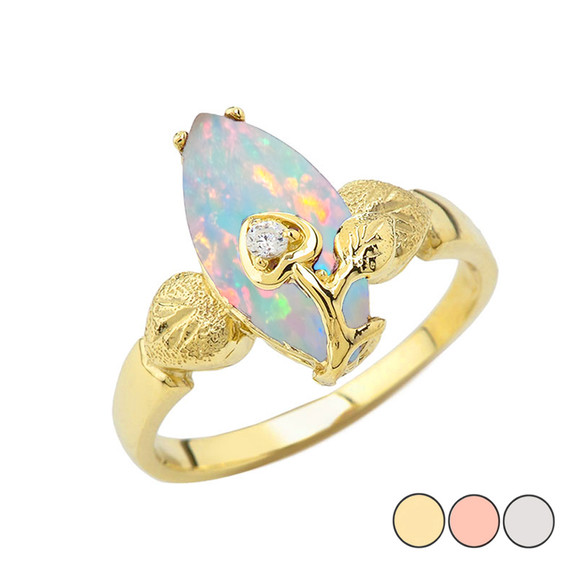 Simulated Opal Gemstone  Marquise Flower Heart Ring In Gold (Yellow/Rose/White)