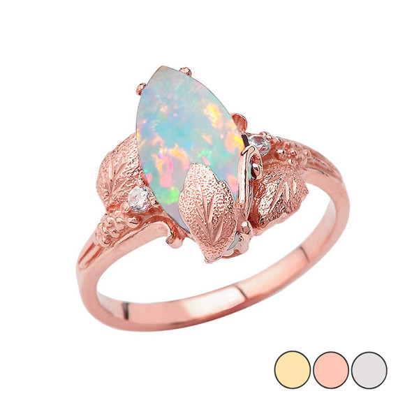 Simulated Opal Gemstone Leaf Ring In Gold (Yellow/Rose/White)