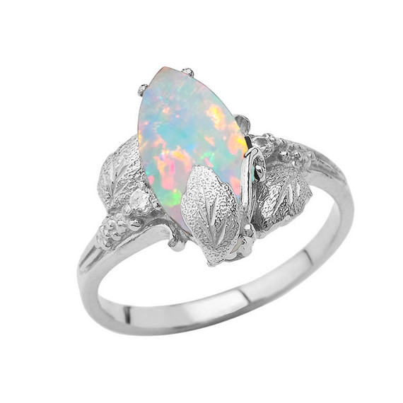 Simulated Opal Gemstone Leaf Ring In Sterling Silver