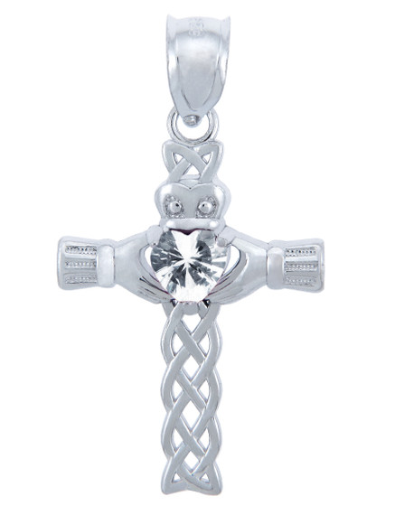 Silver Celtic Cross Pendant with Clear CZ Heart