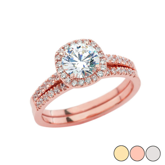 Engagement Set Ring With CZ Center Stone In Gold (Yellow/Rose/White)