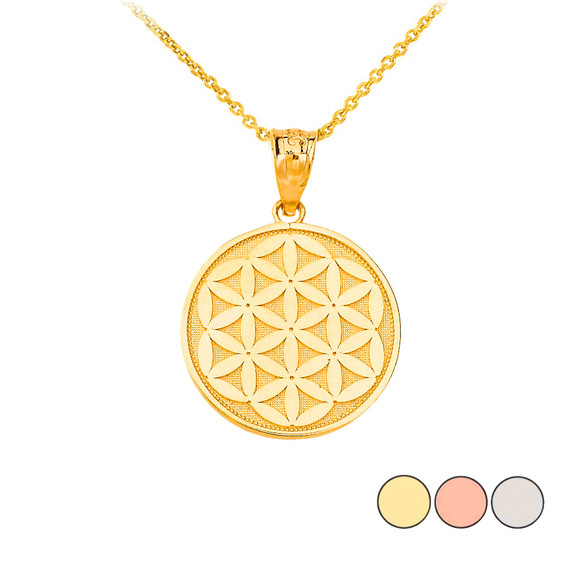 Flower of Life Disc-Medallion Pendant Necklace in Gold (Yellow/ Rose/White)