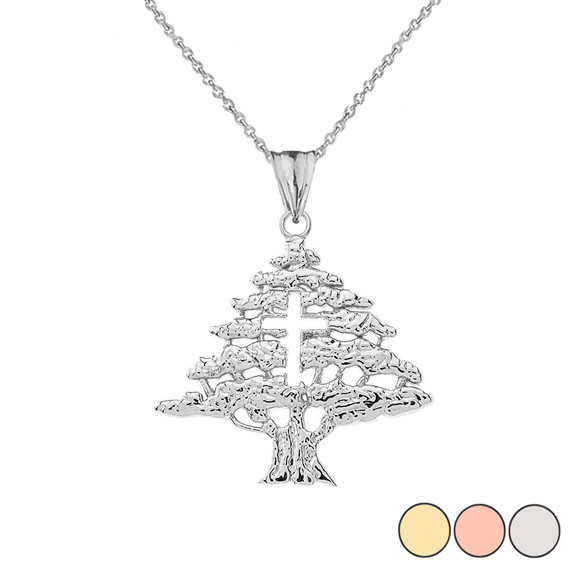 Lebanese Cedar Tree With Cut out Cross Pendant Necklace In Gold (Yellow/Rose/White)