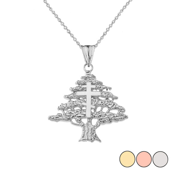 Lebanese Cedar Tree With Orthodox Cross Pendant Necklace In Gold (Yellow/Rose/White)