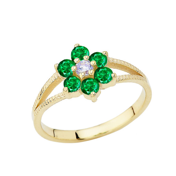 Yellow Gold Personalized Emerald Birthstone Daisy Flower Ring Yellow Gold Personalized Emerald Birthstone Daisy Flower Ring