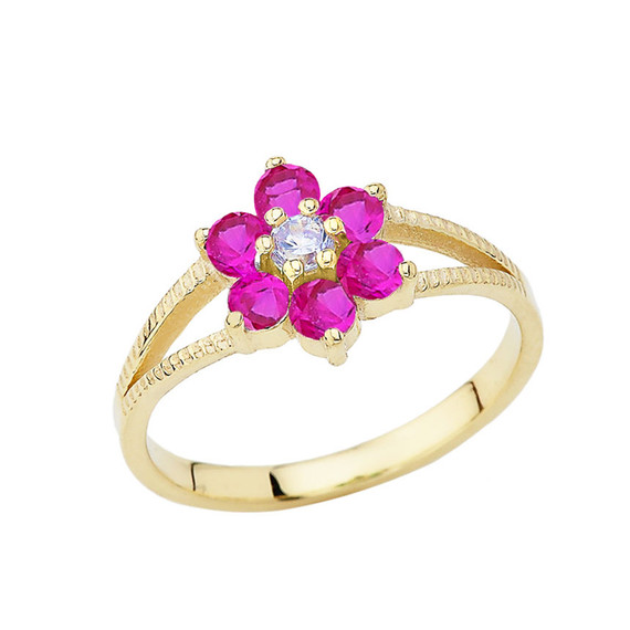 Dainty Milgrain Flower Personalized Birthstone Ring In Gold (Available in Yellow/Rose/White Gold)