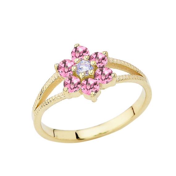 Yellow Gold Personalized Pink Birthstone Daisy Flower Ring Yellow Gold Personalized Pink Birthstone Daisy Flower Ring