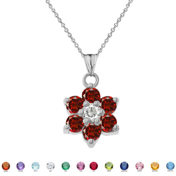 Dainty Milgrain Flower Personalized Birthstone  Pendant Necklace In White Gold