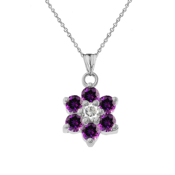 White Gold Custom Amethyst Birthstone Flower Pendant Necklace