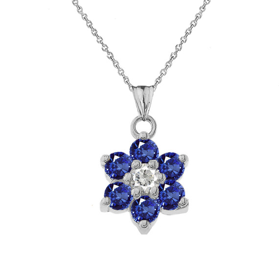 White Gold Custom Sapphire Birthstone Flower Pendant Necklace
