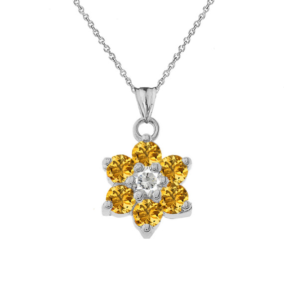 Dainty Milgrain Flower Personalized Birthstone  Pendant Necklace In White Gold
