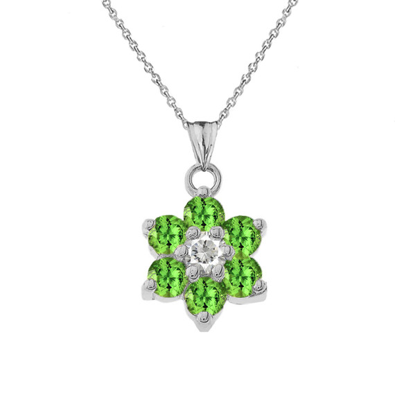 White Gold Custom Peridot Birthstone Flower Pendant Necklace