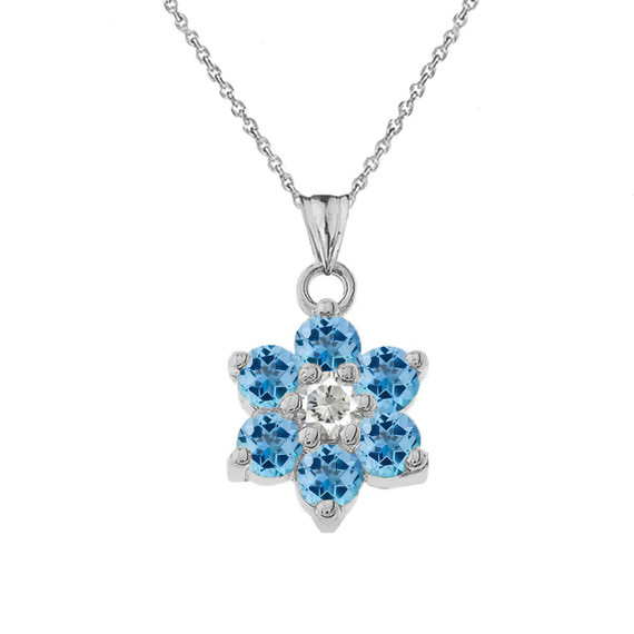 White Gold Custom Blue Topaz Birthstone Flower Pendant Necklace