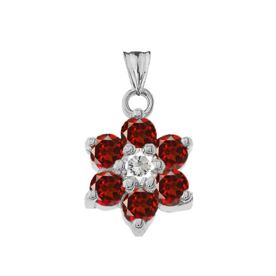 White Gold Custom Garnet Birthstone Flower Pendant