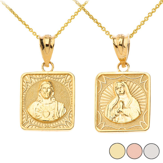 Reversible Virgin Mary and Jesus Christ Square Pendant Necklace in Solid Gold (Yellow/Rose/White)