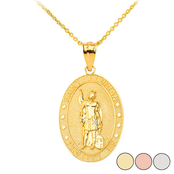 Saint Florian Oval Medallion Pendant Necklace in Solid Gold (Yellow/Rose/White)