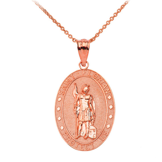 Saint Florian Oval Medallion Pendant Necklace in Solid Gold (Yellow/Rose/White)