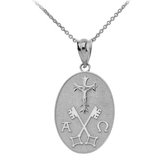 Jesus Christ Alpha and Omega Keys of Heaven Oval Pendant Necklace in Solid Gold (Yellow/Rose/White)