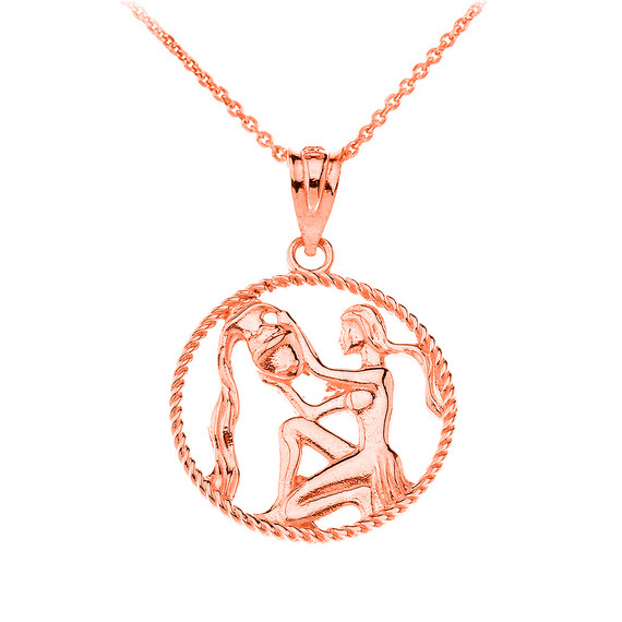 12 Astrological Zodiac Signs Rope Pendant Necklace in Solid Rose Gold