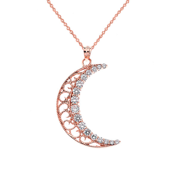 Filigree Crescent Moon With CZ Pendant Necklace in Gold (Yellow/Rose/White)