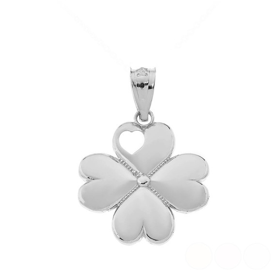 White Gold Lucky 4 Leaf Clover Heart Pendant