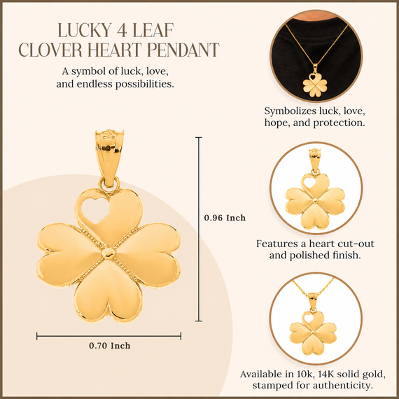 Gold Lucky 4 Leaf Clover Heart Pendant Necklace (Available in Yellow/Rose/White Gold)