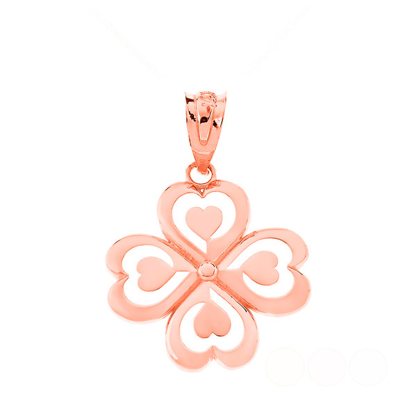 Good Luck Charm Shamrock Heart Clover Quartet Pendant Necklace in Solid Gold (Yellow/Rose/White)