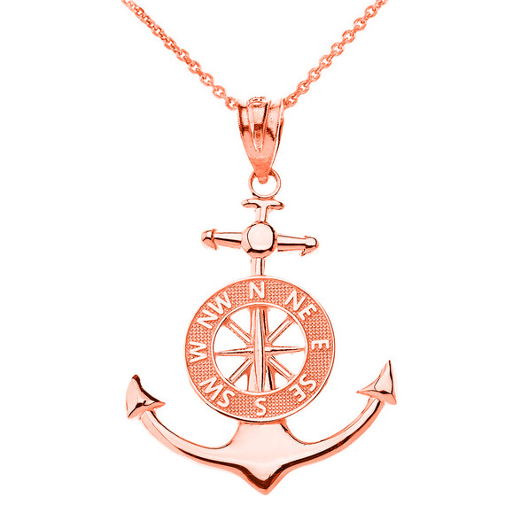 Mariner's Anchor Compass Charm Pendant Necklace in Solid Gold (Yellow/Rose/White)