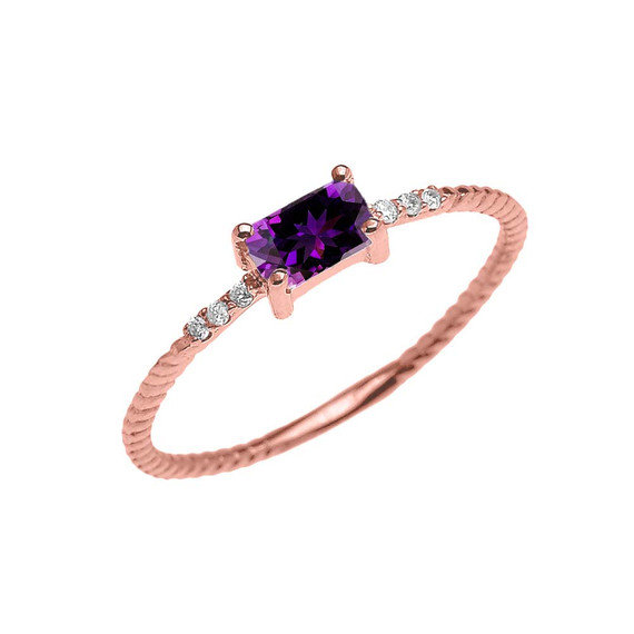 Dainty Solitaire Emerald Cut Amethyst and Diamond Rope Design Engagement/Promise Ring in Gold (Yellow/Rose/White)