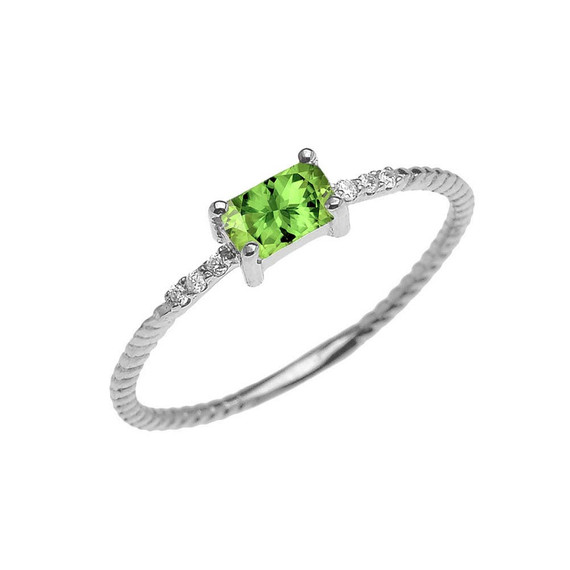 Dainty Solitaire Emerald Cut Peridot and Diamond Rope Design Engagement/Promise Ring in Gold (Yellow/Rose/White)