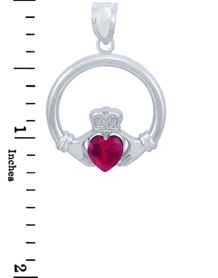 Silver Claddagh Ruby CZ Heart Pendant (M)