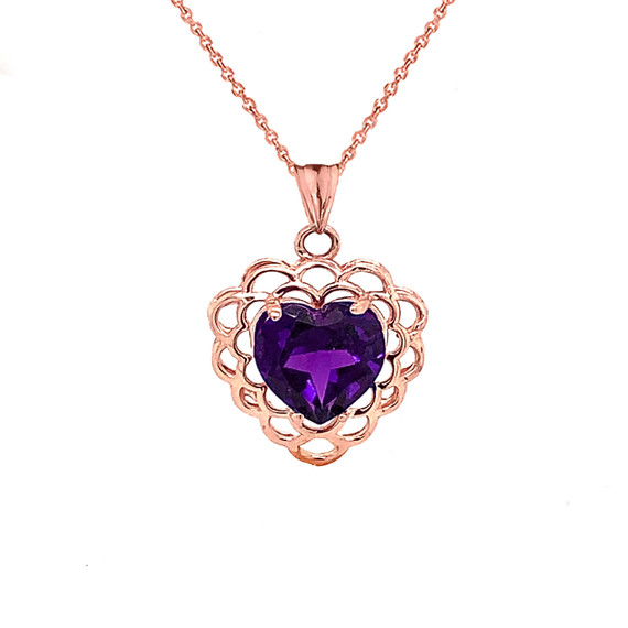 Genuine Amethyst Filigree Heart-Shaped Pendant Necklace in Gold (Yellow/Rose/White)